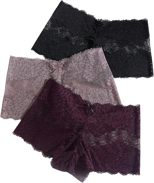 Women's 3 Pack Floral Lace Sheer Hipsters Glitter Bow Tie Boyshort Panties Underwear