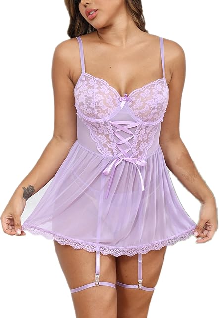 Women Sexy Lingerie Mesh Sleepwear See Through Nighty Babydoll Night Dress Nightwear Chemise Nightgown with Garter