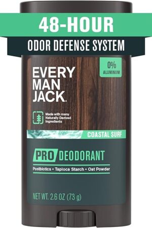 Every Man Jack Men's Pro Deodorant - 48-Hour Odor Defense Blend - Aluminum Free - Contains Postbiotics, Tapioca Stach & Oat Powder - Coastal Surf Scent - 2.6 oz (1 Pack)