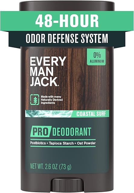 Every Man Jack Men's Pro Deodorant - 48-Hour Odor Defense Blend - Aluminum Free - Contains Postbiotics, Tapioca Stach & Oat Powder - Coastal Surf Scent - 2.6 oz (1 Pack)