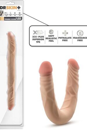 Blush Novelties Dr. Skin Plus - 14 Inch Double Dong - Extra Long with A Realistic Posable Shaft - Made with X5? Plus, Superior TPE - 100% Body-Safe & Phthalate Free - Adult Sex Toy  Beige