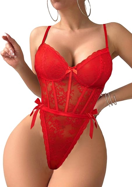 Women Teddy Lingerie Deep V Lace Bodysuit Lingerie One Piece Mini Babydoll Satiny Side Bow