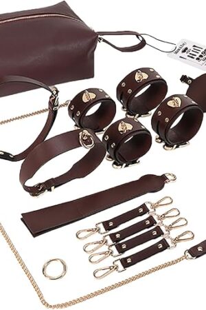 Adam & Eve Mahogany Desires Bondage Collection with Travel Case, 10 Piece BDSM Set with Leather Cuffs, Ball Gag, Blindfold, Paddle, Collar & Leash, Hog Tie Connector, Adjustable, Discreet Travel Case