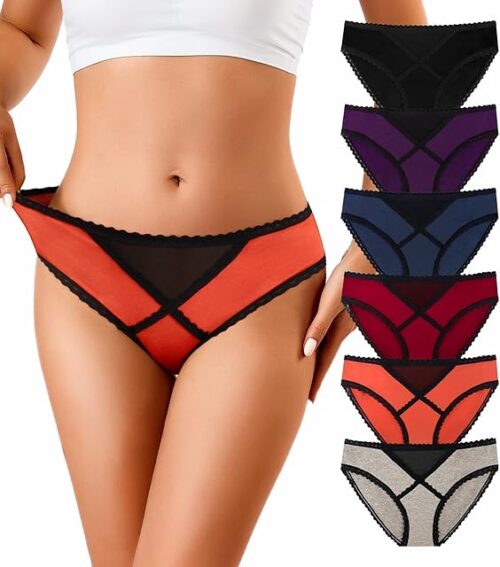 Womens Underwear Cotton Hipster Panties Low Rise No Show Briefs Soft Stretch Breathable Ladies Panties 6 Pack
