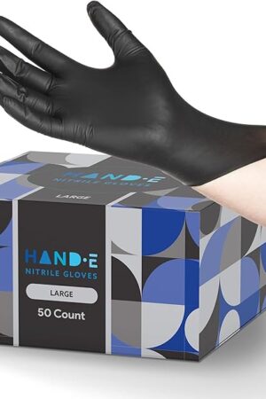 Hand-E Touch Black Nitrile Disposable Gloves Large, 50 Count - BBQ, Tattoo, Hair Dye, Cooking, Mechanic Gloves - Powder and Latex Free - Tattoo Supplies