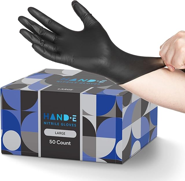 Hand-E Touch Black Nitrile Disposable Gloves Large, 50 Count - BBQ, Tattoo, Hair Dye, Cooking, Mechanic Gloves - Powder and Latex Free - Tattoo Supplies