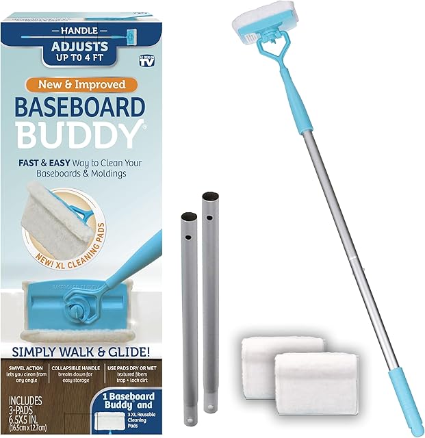 Baseboard Buddy | Lightweight Home Cleaning Essential, Pefect for Baseboards, Moldings & Walls, Glide & Wipe Trapping & Locking Dirt & Dust | As Seen on TV, (1 Baseboard Buddy & 3 Reusable Pads)