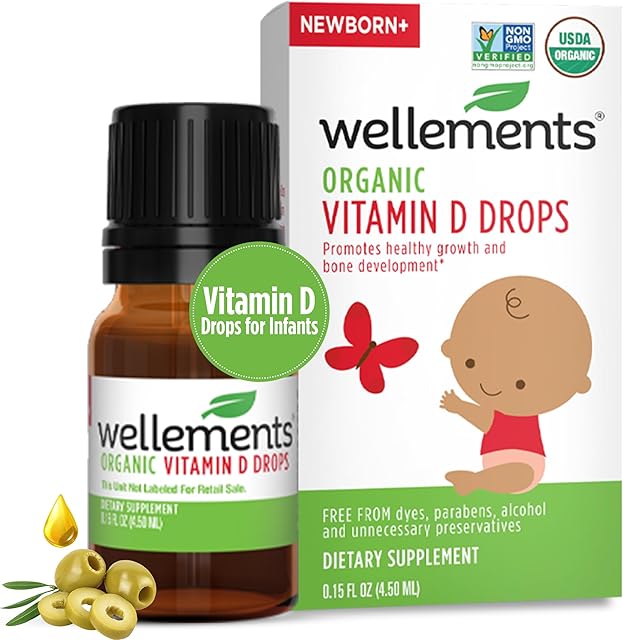 Wellements Baby Organic Vitamin D Drops for Infants & Toddlers (015 Fl Oz) - Certified Newborn+ Liquid Vitamin D3 Drops, Support Healthy Growth & Bone Development (1 Drop Daily & 400 IU Per Serving)