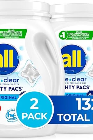 all free clear, Original, MIGHTY PACS Laundry Detergent Pacs for Sensitive Skin, Unscented and Hypoallergenic, 66 Count (Pack of 2)