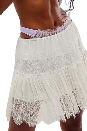 Women Lace Trim Half Slip Skirt Elastic Y2k Floral Sheer Mini Skirt Ruffle Pleated Underskirt Shirt Extender