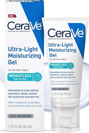 CeraVe Ultra-Light Moisturizing Gel, Hydrating Gel Face Moisturizer For Men & For Women with Ceramides, Niacinamide, Hyaluronic Acid, Fragrance Free, Oil-Free, Mattifying Moisturizer, 175 FL Oz