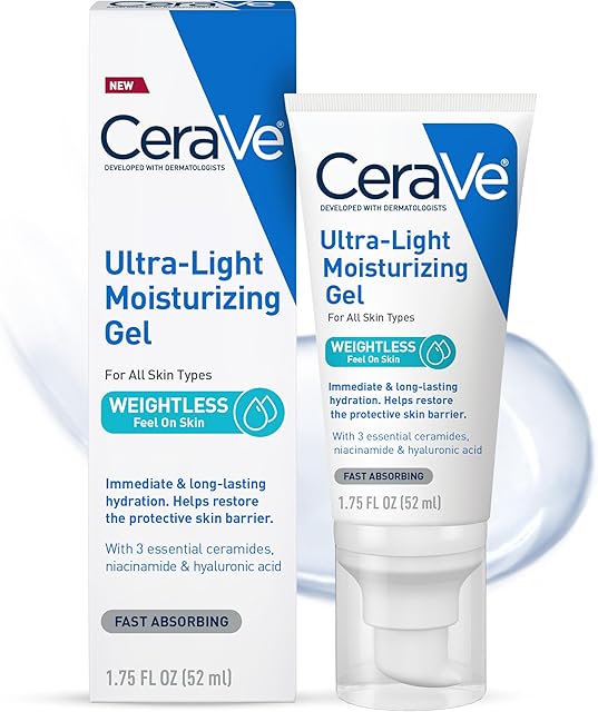 CeraVe Ultra-Light Moisturizing Gel, Hydrating Gel Face Moisturizer For Men & For Women with Ceramides, Niacinamide, Hyaluronic Acid, Fragrance Free, Oil-Free, Mattifying Moisturizer, 175 FL Oz