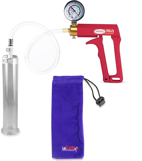 LeLuv Penis Pump Maxi Red Handle with Gauge, Clear Hose - 9 inch Length x 1.75 inch Diameter Cylinder