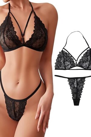 Women Sexy Lingerie Set Two Piece Lace Bra and Panty strappy Push Up Deep V low waist Thong String