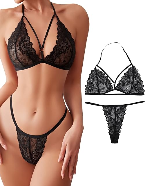 Women Sexy Lingerie Set Two Piece Lace Bra and Panty strappy Push Up Deep V low waist Thong String
