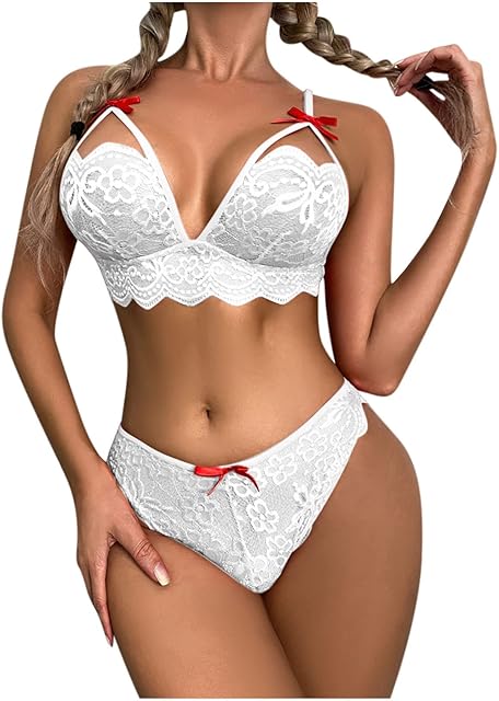Women Sexy Lingerie Set Lace Bra and Panty Sets Two Piece Ladies Hollow Lingerie Scalloped Babydoll Floral Underwear