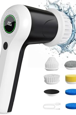 Electric Spin Scrubber, Cordless Shower Scrubber with Battery Level Display, 2 Speeds Electric Scrubber for Cleaning with 6 Replaceable Heads, Cleaning Brush for Bathroom/Sink/Window