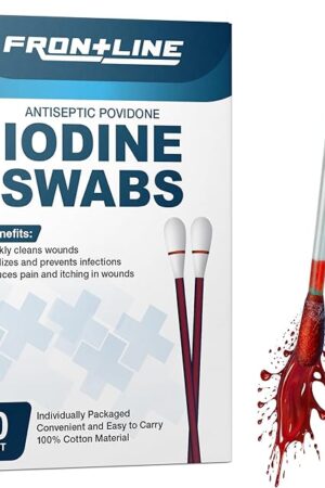 FrontLine Povidone Iodine Swabs, Antiseptic Swabsticks, Iodine Solution, Cleansing Cotton Swab, Individually Wrapped Medical Supplies, Wound Care, First Aid, Wound Cleaner, Box of 50