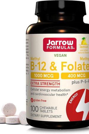 Jarrow Formulas Methyl B-12 1000 MCG and Methyl Folate 400 MCG, Extra Strength, Cellular Energy Metabolism and Cardiovascular Health Formula(1) With P-5-P, 100 Chewable Tablets, Up to a 100 Day Supply