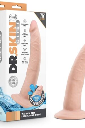 Blush Novelties Dr. Skin Glide - 7.5 Inch Self Lubricating Feels Like Skin Soft Realistic Dildo - Slim 1.5 Inch Thick - Strap On Harness Compatible Suction Cup - Hands Free Play - Adult Sex Toy