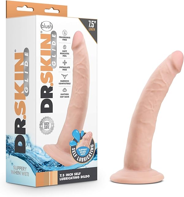 Blush Novelties Dr. Skin Glide - 7.5 Inch Self Lubricating Feels Like Skin Soft Realistic Dildo - Slim 1.5 Inch Thick - Strap On Harness Compatible Suction Cup - Hands Free Play - Adult Sex Toy