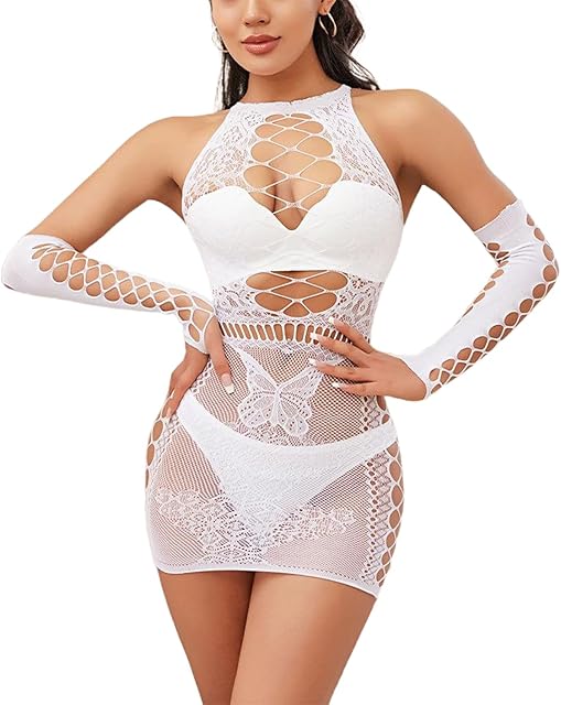 Fishnet Bodycon Lingerie Women Sexy Mesh Mini Chemise One-piece Babydoll Tube Dress Cutout Beach Cover Up with Gloves