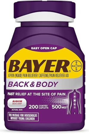 Bayer Extra Strength 500mg Aspirin Plus Caffeine for Powerful Pain Relief, 200 Coated Caplets