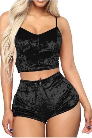 Women Velvet Pajamas Sexy Lingerie 2 Piece Set Sleeveless Tank Camisole Bra and Panty Slim Fit Nightwear