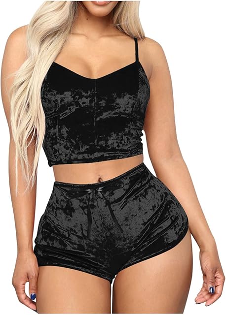 Women Velvet Pajamas Sexy Lingerie 2 Piece Set Sleeveless Tank Camisole Bra and Panty Slim Fit Nightwear