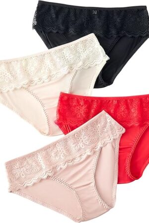100% Mulberry Silk Panties for Women, Soft Silky Satin Bikini Underwear with Lace, Breathable & Mid Waist Fit