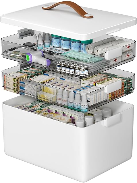 CTIME 3-Tier Medicine Organizer - Portable Medicine Cabinet with Leather Handle, Empty First Aid Kit for Home