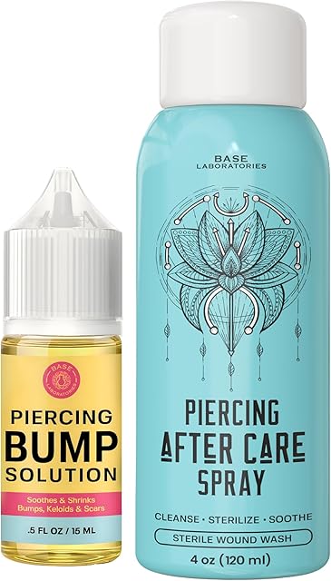 BASE LABORATORIES Piercing Aftercare Kit: Keloid & Piercing Bump Solution Oil(15ml) + Piercing Aftercare Spray (4oz) - for Keloid Bump Removal & Cleansing Soothing Piercings Before & After