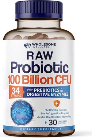 Wholesome Wellness Organic Raw Probiotics 100 Billion CFU, Dr Formulated for Women and Men, Complete Adult Supplement with Prebiotics and Digestive Enzymes; 30 Capsules, Shelf Stable