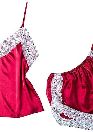 Women's Sexy Silk Satin Pajamas Sets Lace Trim Cami Tops Shorts Sleepwear Romantic Teddy Strap Babydoll Bodysuit