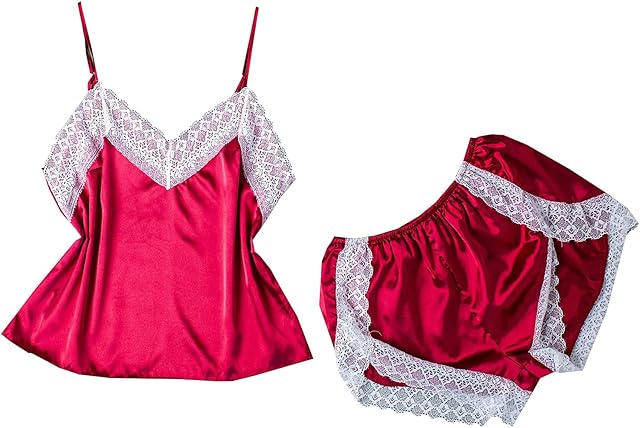 Women's Sexy Silk Satin Pajamas Sets Lace Trim Cami Tops Shorts Sleepwear Romantic Teddy Strap Babydoll Bodysuit
