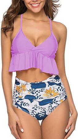 High Waisted Bathing Suit for Women Ruffle Off Shoulder Swimsuit Flounce Bikini Tummy Control
