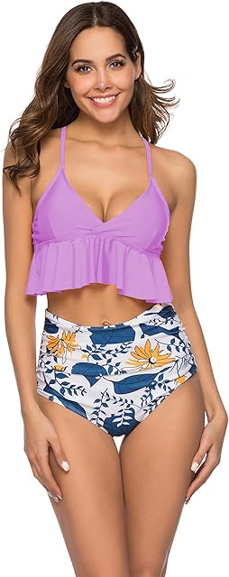 High Waisted Bathing Suit for Women Ruffle Off Shoulder Swimsuit Flounce Bikini Tummy Control
