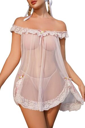 Women's 2 Piece Mesh Sheer Floral Lace Babydoll Slip Dress Nightgowns and Thong Lingerie Set