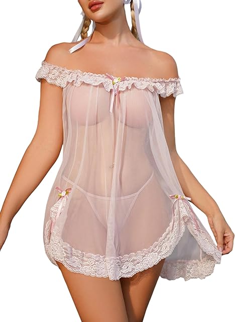 Women's 2 Piece Mesh Sheer Floral Lace Babydoll Slip Dress Nightgowns and Thong Lingerie Set
