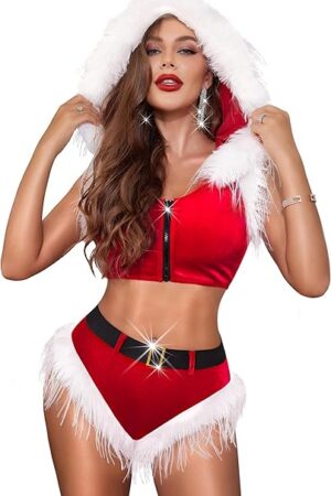Women Sexy Christmas Costume - Santa Lingerie Set Velvet Claus Outfit 2Pcs Tops and Shorts Xmas Roleplay Bodysuit