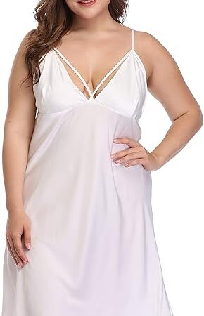 Womens Plus Size Sexy Lingerie Satin Lace Chemise Spaghetti Straps Nightgown Full Slips V Neck Sleepwear Nightgown