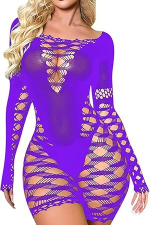 Womens Fishnet Bodysuit Smock Lingerie See Through Stretchy Fishing Net Tights Sexy One Piece Hollow Out Underwear