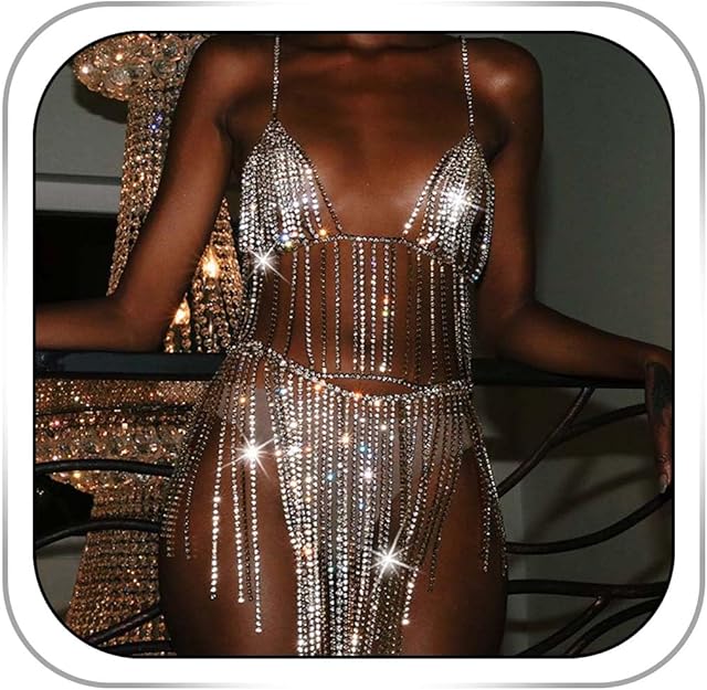 CanB Rhinestone Sexy Bra Chian Sparkly Crystal Tassel Underwear Body chains Summer Beach Bikini Nightclub Chain Body Accessories Jewwlry for Women and Girls(style-3) (D)