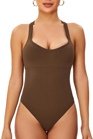 Bodysuits for Women Tummy Control Shapewear Bodysuit Sleeveless Square Neck Racerback Casual Thong Bodysuit
