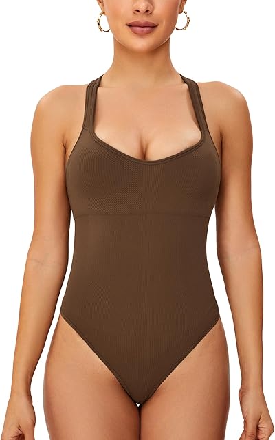 Bodysuits for Women Tummy Control Shapewear Bodysuit Sleeveless Square Neck Racerback Casual Thong Bodysuit