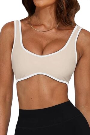 Women's Color Block Plunge V Neck Sports Bra Contrast Sleeveless Backless Sexy Slim Fit Yoga Tank Built in Bras