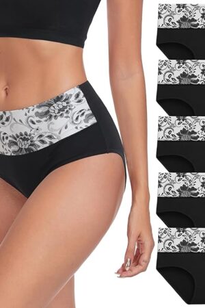 High Waist Cotton Underwear for Women Full Coverage Panties Floral Print Briefs for Ladies 5 Pack