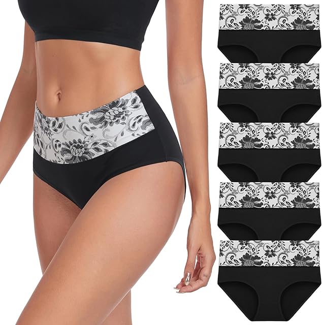 High Waist Cotton Underwear for Women Full Coverage Panties Floral Print Briefs for Ladies 5 Pack