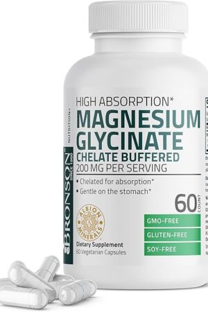 Bronson Magnesium Glycinate 200 MG per Serving Chelated for High Absorption, Gentle On Stomach, Non-GMO, 60 Vegetarian Capsules