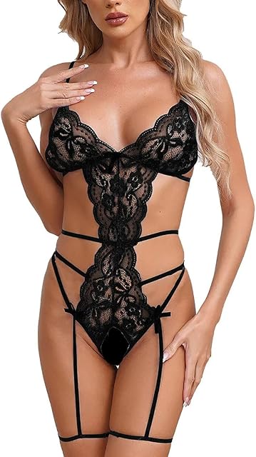 Women Sexy Lingerie Set with Garter Belt Lace Bodysuit One Piece Teddy with Panty and Thigh Straps Mini Body Suit